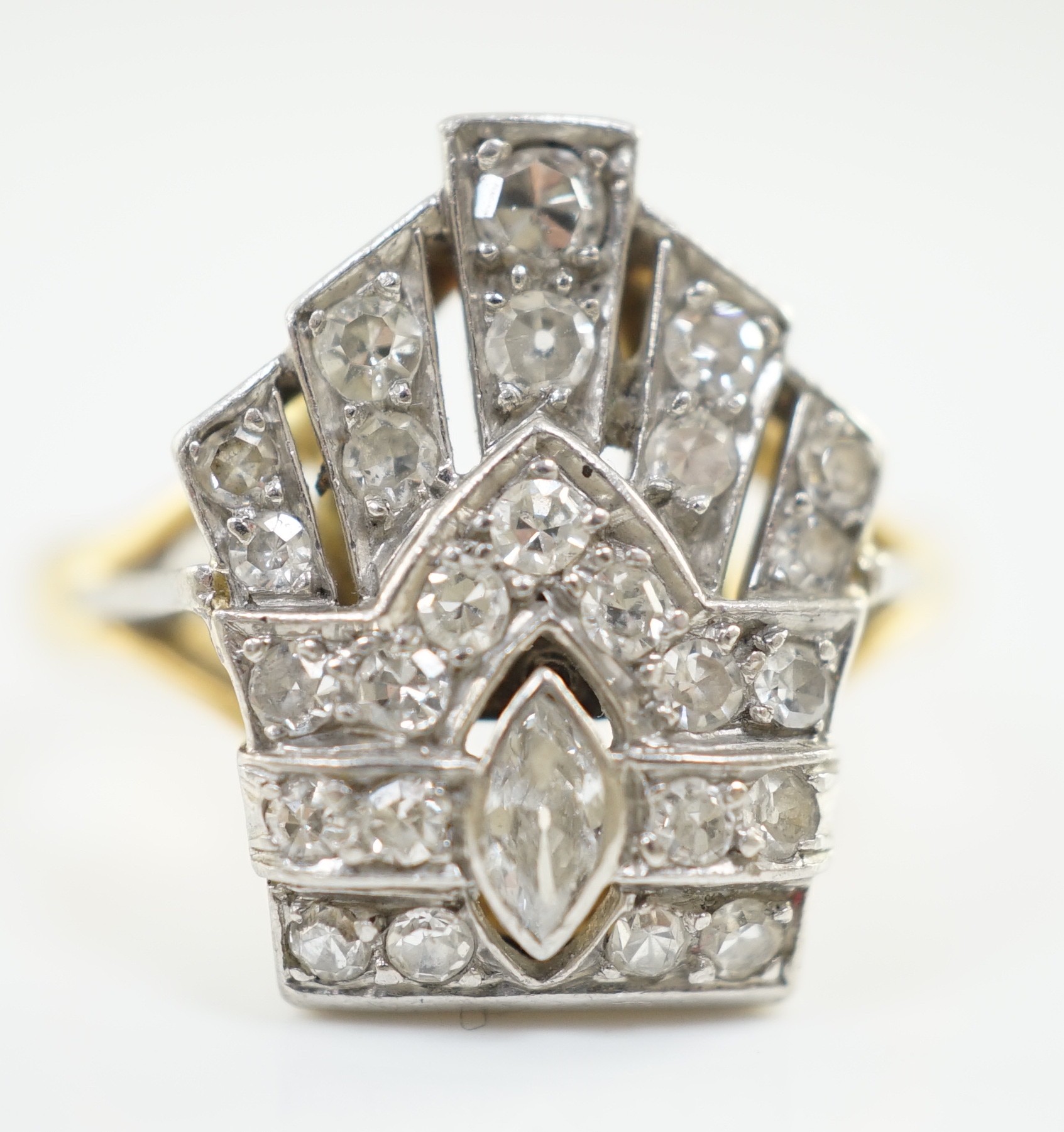 An 18ct gold, platinum and diamond cluster set coronet ring